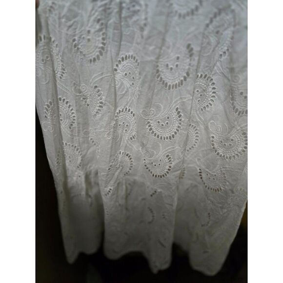 White Embroidered Eyelet Button-Front Midi Dress 3/4 Sleeves Mandarin Collar - Picture 7 of 10